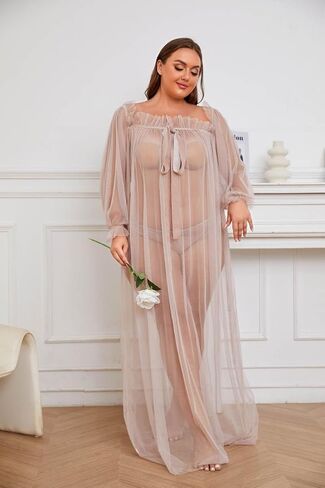 Women Long Mesh Nightgowns and Underpants Lace Babydoll Lingerie Sleepwear See Through Robe with Sleeve in Saudi Arabia
