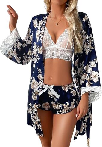 Women's Silk Satin Pajama Sets, Sexy Lace Lingerie with Printed Robe, 3 Piece Pjs for Bridal Shower Gifts in Saudi Arabia