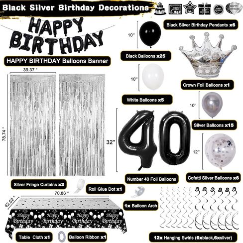 Black and Silver 30th Birthday Decorations for Him Her, Black and White 30 Birthday Party Decorations for Men Women, Black Silver Happy 30th Birthday Banner Balloons Fringe Curtains Table Cloths Women in Saudi Arabia