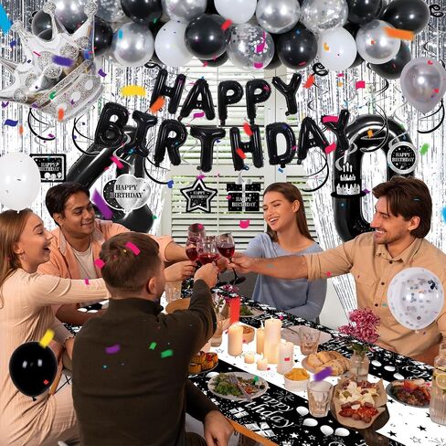Black and Silver 30th Birthday Decorations for Him Her, Black and White 30 Birthday Party Decorations for Men Women, Black Silver Happy 30th Birthday Banner Balloons Fringe Curtains Table Cloths Women in Saudi Arabia