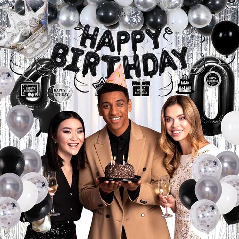 Black and Silver 30th Birthday Decorations for Him Her, Black and White 30 Birthday Party Decorations for Men Women, Black Silver Happy 30th Birthday Banner Balloons Fringe Curtains Table Cloths Women in Saudi Arabia