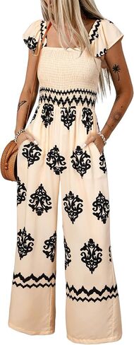 Happy Sailed Womens Summer Jumpsuits Printed Square Neck High Waisted Pockets Wide Leg Rompers Beach Fashion Vacation Outfits in Saudi Arabia