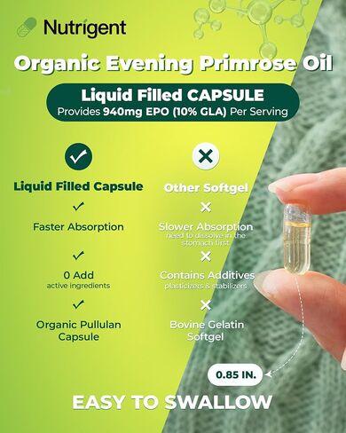 Organic Evening Primrose Oil Supplement, 940 mg 100% Pure with 10% GLA, High Absorption Liquid Organic Capsules, Promotes Women's Health & Skin Health, Cold Pressed, 60 Count in Saudi Arabia