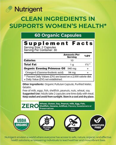 Organic Evening Primrose Oil Supplement, 940 mg 100% Pure with 10% GLA, High Absorption Liquid Organic Capsules, Promotes Women's Health & Skin Health, Cold Pressed, 60 Count in Saudi Arabia
