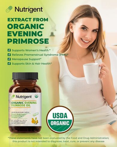 Organic Evening Primrose Oil Supplement, 940 mg 100% Pure with 10% GLA, High Absorption Liquid Organic Capsules, Promotes Women's Health & Skin Health, Cold Pressed, 60 Count in Saudi Arabia