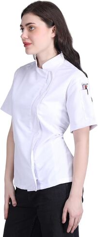 Short Sleeves Zipper Chef Coat Jacket Uniform for women with Side Mesh ideal for Caterers and Culinary professional in Saudi Arabia