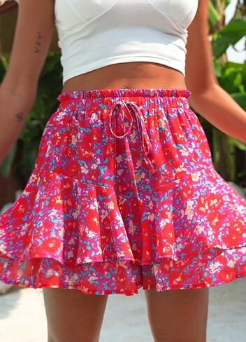 SimpleFun Womens Skorts Floral Ruffled Chiffon Flowy Shorts Summer Flared Mini Skirts in Saudi Arabia