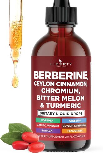 Berberine with Ceylon Cinnamon Supplement Liquid Drops + Bitter Melon Extract, Glucomannan, Gymnema, Chromium, Turmeric, Panax Ginseng, Moringa- 2 OZ in Kuwait