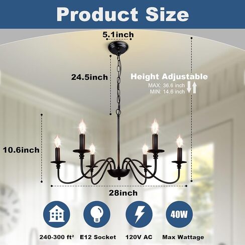 Depuley Farmhouse Chandelier for Dining Room: 6-Light Black Industrial Kitchen Island Pendant Light Fixture with 6 E12 Bulbs - Rustic Candle Chandeliers Vintage Modern Hanging Ceiling Lamp for Bedroom in Saudi Arabia