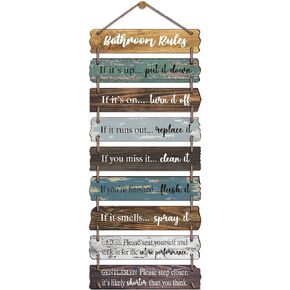 Collage Bathroom Rules Wall Hanging Sign with Jute - 9pcs Wooden Decor Wall Art Plaque for Toilet Restroom 30x11.2 Inches