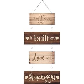 Home Sign This Home is Built on Love and Shenanigans Hanging Home Wall Sign Family Rustic Wall Decor Farmhouse Decoration for Living Room Bedroom Indoor Outdoor (Gray, Blue)