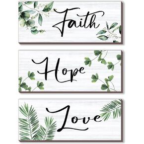 3 Pcs Green Bathroom Decor Farmhouse Wall Art Inspirational Faith Hope Love Green Leaf Rustic Wooden Sign for Home Bathroom Office Bedroom Living Room Kitchen Decoration(Green 10x4")