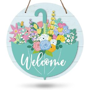 Whaline Welcome Sign 3D Umbrella Wooden Hanging Sign Spring Summer Umbrella Flower Wood Sign Door Hanger for Farmhouse Holiday Home Office Shop Window Wedding Decoration