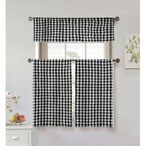 Black and White Farmhouse Checkered Gingham Buffalo Plaid Window Treatment with Valances for Kitchen and Living Room 3 Piece Tier Set 52x63