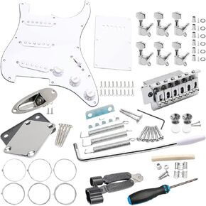 11 Hole SSS Guitar Pickguard Kits Tuning Pegs Guitar Bridge Neck and Back Cover Plate Full Accerssories Set for ST Style Guitar with 3 in 1 String Winder (White)