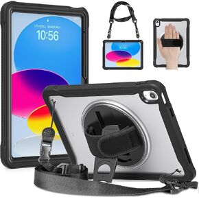 Batianda Case for iPad 10th Generation 10.9-inch 2022 Release Heavy Duty Rugged Shockproof Tablet Cover with 360° Rotating Hand Strap Foldable Hidden Stand & Shoulder Strap, Black