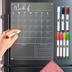 Magnetic Acrylic Calendar for Fridge - 30.48 x 40.64 cm Durable Clear Fridge Calendar Dry Erase Magnetic, Customizable Fridge Planner with 8 Dry-Erase Markers with Magnets