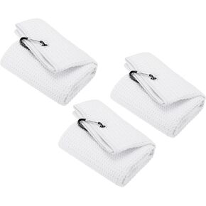 PATIKIL 12"x12" Tri-Fold Golf Towels, 3 Pack Waffle Pattern Towels Soft Fiber Strong Water Absorption with D Clip for Golf Lovers, Brown