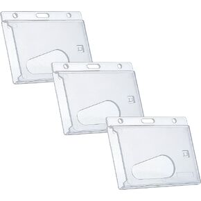 3 Pack Hard Plastic Horizontal Badge Holder, Id Card Holder, Frosted Clear Id Badge Holder, Id Holders for Badges, Name Tag Badge Protector Case W/Thumb Notch and Slot & Chain Holes (3)