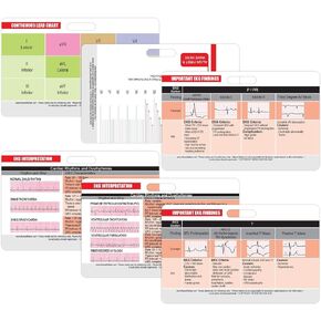 EKG Horizontal Badge 6 Card Set, ECG Telemetry Cards with EKG Ruler, Electrocardiogram Rhythm Interpretations, Common Cardiac Findings, STEMI Leads, 12 Lead EKG Placement (Bonus Cheat Sheets)