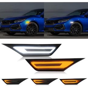 R&F Auto Sequential Smoked LED Side Marker Lights Turn Signal Lights Compatible with H'onda Civic 2016-2021 10th Gen Sedan Coupe Hatchback Amber Bumper Lamps White Driving Running Position Light Kit