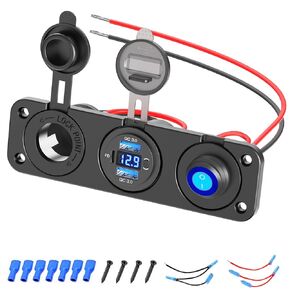 12V USB Outlet Panel 3 in 1, Dual Quick Charge 3.0 and PD3.0 USB C Car Charger Socket with LED Voltmeter, 300W Cigarette Lighter Socket and Toggle Switch DIY Kit for Marine Boat Truck RV, etc.