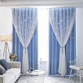 ABREEZE Kids Star Blackout Curtains Star Curtains for Girls Boys Bedroom Gradient Tulle Overlay Curtain Double Layer Sparkle Star Cut Out Curtains (1 Panel,59 x 96 inch,Grey)