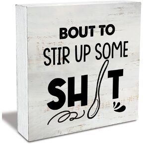 Rustic Bout to Stir up Wood Box Sign Funny Kitchen Wooden Box Sign Farmhouse Home Kitchen Desk Shelf Decor (5 X 5 Inch)