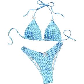 Women's Plaid Gingham Bathing Suit High Waisted Halter Triangle Swimsuit Bikini Set