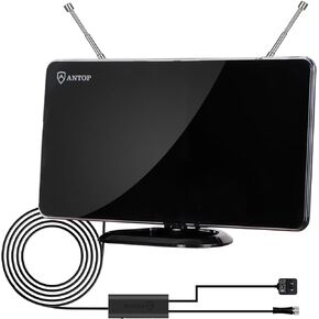 Digital TV Antenna Indoor, Antop Rabbit Ears HDTV Antenna with Smartpass Amplifier, TV Antenna for Smart TV and Old TV to Viewing Local Channels, Curved-Panel Antenna with 10ft Cable