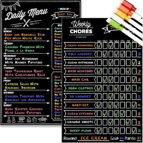 Magnetic Dry Erase Chore Chart and Menu Board Set for Kitchen Fridge - 11" x 17" Responsibility & Behavior Refrigerator Reward Incentive for Kids - 11" x 17" Weekly Meal Planner Blackboard