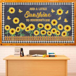 Sunflower Bulletin Board Decoration Sun Flower Cutout Set with Butterflies Fences Bulletin Cardboard with Motivational Sayings Cutouts for Classroom Window Wall Door Home Office Nursery School Decor