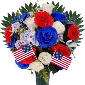 Artificial Cemetery Flower for Grave, Silk Memorial Flowers-Colorfast Rose Carnation and Butterfly Orchid Mix Arrangements for Tombstone Decoration(Vase Included)