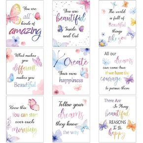 9 Set Watercolor Butterfly Inspirational Quote Wall Poster Prints 8 x 10 Inch Butterfly Motivational Saying Girls Room Decor Butterfly Pictures Decor Butterfly Wall Decals with 30 Glue Point Dots