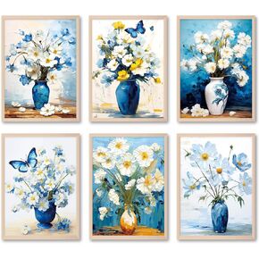 Vintage Floral Wall Art -Print Blue and Pink Flower Poster with Butterfly, Plant Artwork Wall Décor Posters for Living Room Bedroom Aesthetic, Pastel Wall Pictures Décor Set of 6（ 8"x11"