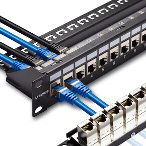24 Port RJ45 Patch Panel Cat7 STP Feed Through, Coupler Network Patch Panel 19 Inch, Inline Keystone Ethernet Patch Panel with Back Bar