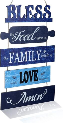 decalmile 5 pieces Bless the Food Before Us Wooden Signs Hanging Wall Plaque Family Love Blue Farmhouse Kitchen Wall Decor Sign for Rustic Country Dinning Room Home Art Decor in Saudi Arabia