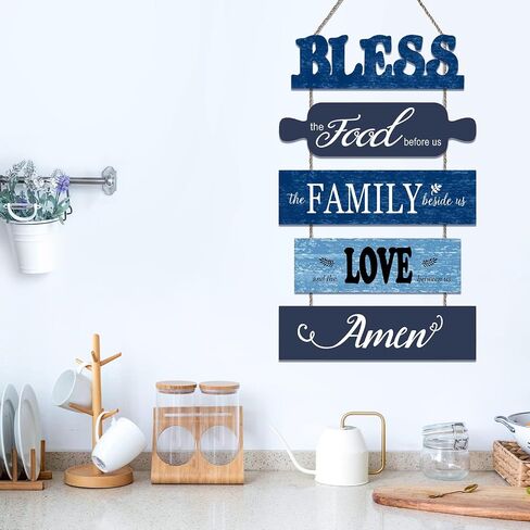 decalmile 5 pieces Bless the Food Before Us Wooden Signs Hanging Wall Plaque Family Love Blue Farmhouse Kitchen Wall Decor Sign for Rustic Country Dinning Room Home Art Decor in Saudi Arabia