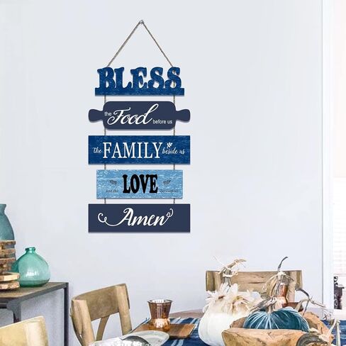 decalmile 5 pieces Bless the Food Before Us Wooden Signs Hanging Wall Plaque Family Love Blue Farmhouse Kitchen Wall Decor Sign for Rustic Country Dinning Room Home Art Decor in Saudi Arabia