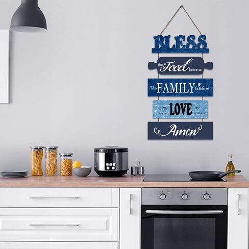 decalmile 5 pieces Bless the Food Before Us Wooden Signs Hanging Wall Plaque Family Love Blue Farmhouse Kitchen Wall Decor Sign for Rustic Country Dinning Room Home Art Decor in Saudi Arabia