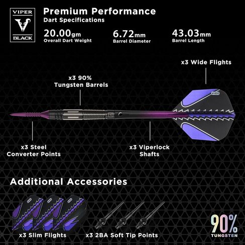 Viper Black Flux 90% من الفولاذ التنجستين الاحترافي أو مجموعة سهام تحويل ذات طرف ناعم in Kuwait
