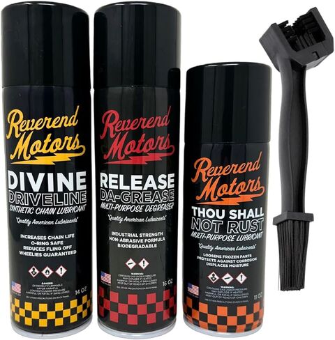 Reverend Motors Motorcycle Chain Lube | Bike Chain Cleaner | Motorcycle Chain Cleaning Kit | Bike Cleaning Kit - Degreaser, Chain Lube, Rust Penetrate with Chain Cleaner Tool | Made in the USA in Saudi Arabia
