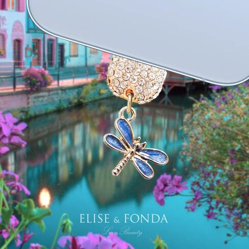 ELISE & FONDA CP524 منفذ شحن USB كريستال مضاد للغبار قابس صغير على شكل يعسوب لهاتف iPhone 13/12/11/ XS MAX/XR/X/8 Plus/7/6S/8/SE iPad iPod (أزرق) in Saudi Arabia