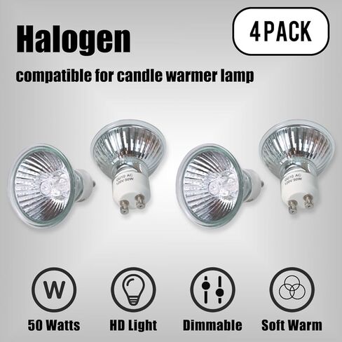 لمبة إضاءة هالوجين SOKCVSEA - 4 Pcak GU10 هالوجين 120 فولت 50 وات، قابلة للتعتيم، لمبة إضاءة MR16 GU10 مع عمر طويل الأمد، مصابيح هالوجين لمصباح تدفئة الشموع (2800 ك أبيض دافئ) in Kuwait