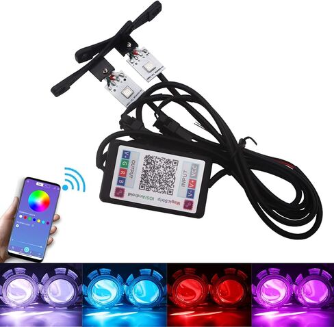 قاسم 1 مجموعة 5050 LED سيارة الشيطان العين شيطان عيون الشر RGB DRL النهار تشغيل ضوء 12 فولت تيار مستمر ل 2.8 بوصة ثنائية زينون العارض عدسة بلوتوث APP التحكم اكسسوارات السيارات DIY in Kuwait