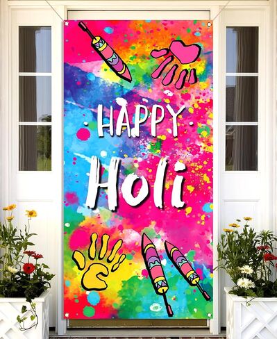 غطاء باب Nepnuser Happy Holi، مهرجان الهند الهندوسي للألوان، ديكور المدرسة والفصل الدراسي، لافتة معلقة للباب الأمامي in Saudi Arabia