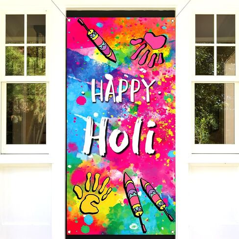 غطاء باب Nepnuser Happy Holi، مهرجان الهند الهندوسي للألوان، ديكور المدرسة والفصل الدراسي، لافتة معلقة للباب الأمامي in Saudi Arabia