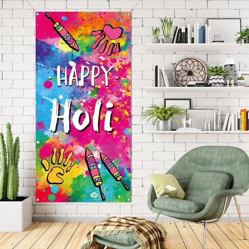 غطاء باب Nepnuser Happy Holi، مهرجان الهند الهندوسي للألوان، ديكور المدرسة والفصل الدراسي، لافتة معلقة للباب الأمامي in Saudi Arabia