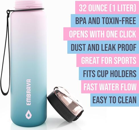 Embrava Best Sports Water Bottle - 32oz Large - Fast Flow, Flip Top Leak Proof Lid w/One Click Open - Non-Toxic BPA Free & Eco-Friendly Plastic in Kuwait