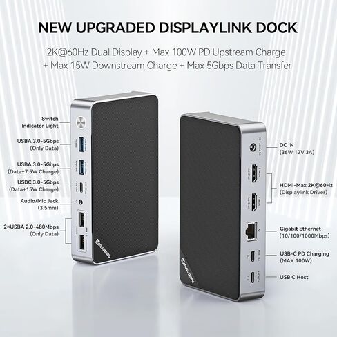 محطة إرساء Minisopuru DisplayLink بشاشة مزدوجة، قاعدة كمبيوتر محمول تدعم شحن 15 وات، HDMI مزدوج 2K@60HZ، بيانات USB-C بسرعة 10 جيجابت في الثانية، محطة إرساء USB C لأجهزة MacBook M3/M2/M1، Windows، Thunderbolt 4/3 in Kuwait